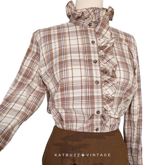 Vintage Lauren Ralph Lauren Button Top L Brown Plaid Ruffle Heritage Equestrian - Picture 3 of 10